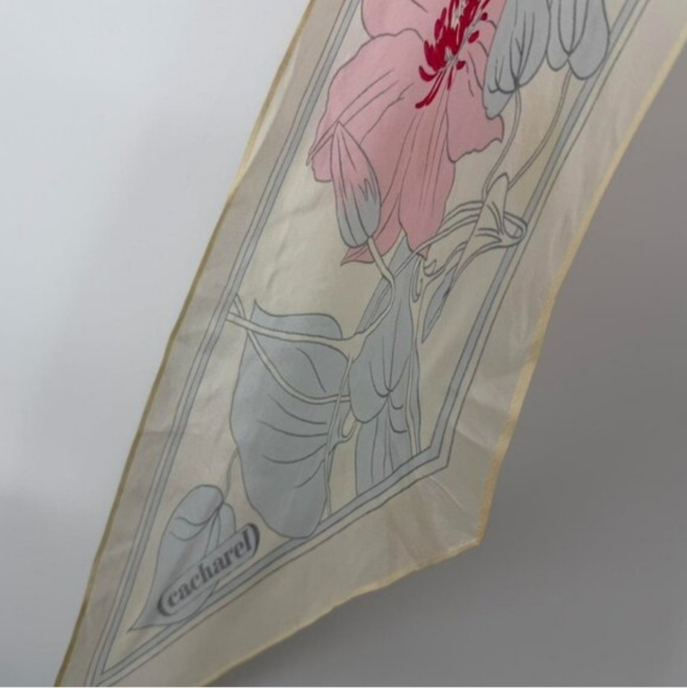 100% Silk! Vintage Cacharel Silk Scarf - Cream & Pink Floral Skinny Scarf - Picture 3 of 3